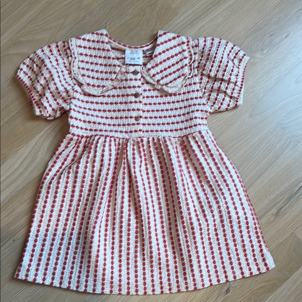 Zara Red and White Puff Sleeve Dress with Peter Pan Collar